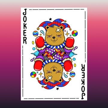 A playing card design labeled 'JOKER' features a mirrored, colorful illustration of a teddy bear-like bear character in boxing attire against a pink and purple gradient background.