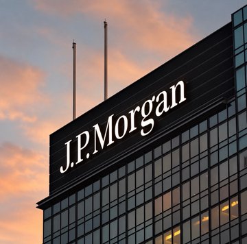 The image shows a tall glass skyscraper with the "J.P.Morgan" logo prominently displayed on its upper facade, set against a dramatic pink and blue sunset sky. Two flagpoles stand atop the building, reinforcing the corporate setting that aligns with the news of JPMorgan's $4 trillion initiative to partner with Solana for onchain trade settlement.