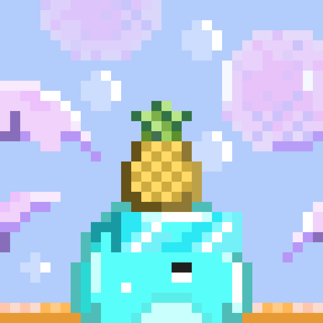 The image features a pineapple sitting atop a blue object, possibly a toy or an item of some sort. The pineapple appears to be made out of blocks, giving it a unique appearance. The background consists of clouds, which adds depth to the scene. The image is accompanied by a caption that reads "skrump #1973 bought for 3,687 MON by 0x4E94...E4e8 from 0xF7Ab...4943 opensea.io/item/monad/0xb ... DN". This information suggests that the pineapple and blue object are part of a larger collection or series, possibly related to a specific theme or concept.