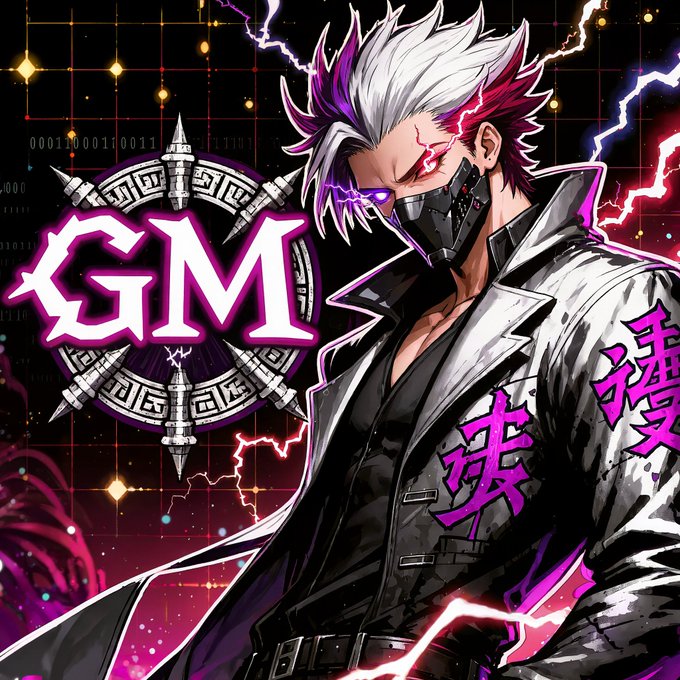 An anime-style digital illustration of a character with spiky white and pink hair wearing a black mask and white coat, with 'GM' text and Japanese characters overlaid on a dark, lightning-filled background.