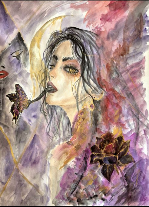 A vibrant watercolor painting depicting a woman with closed eyes and a butterfly near her face, rendered in flowing purple, pink, and golden hues.