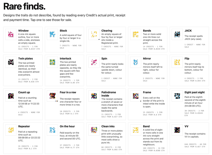 A 'Rare finds' catalog page displaying pixel-art credit traits like Window, Block, Clearing, Bands, JACK, Twin plates, Interlock, Spin, Mirror, Flip, Count up, and more, with credit counts and ETH sale prices.
