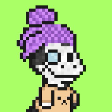 A pixel art character with purple spiky hair, a skull-like white face with one blue eye, wearing a beige outfit against a solid green background.