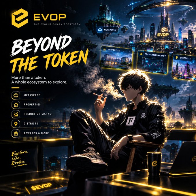 A promotional graphic for 'EVOP - The Evolutionary Ecosystem' with the tagline 'Beyond The Token,' featuring an anime-style character smoking a cigarette overlooking a futuristic cyberpunk cityscape, with menu options for Metaverse, Properties, Prediction Market, Districts, and Rewards.