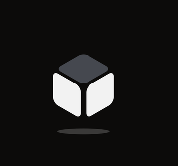 A minimalist logo on a black background showing a stylized 3D cube with a dark gray top and white sides.