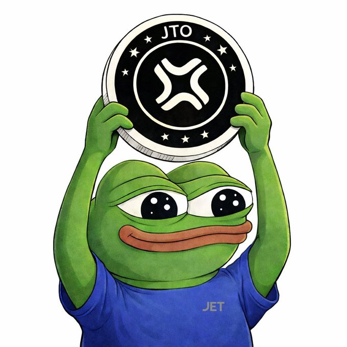 An illustration of a Pepe the Frog character wearing a blue 'JET' shirt and holding up a 'JTO' (XRP) cryptocurrency coin.