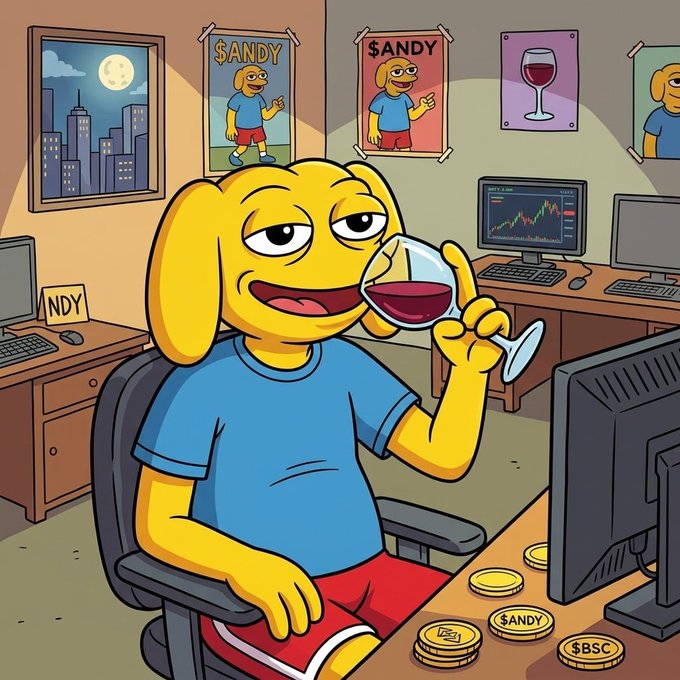 A digital illustration shows a yellow cartoon dog character in a blue shirt drinking a glass of red wine while sitting at a computer desk with crypto coins labeled 'ANDY' and 'BSC'.