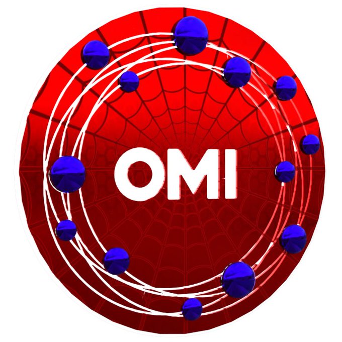 A red circular logo featuring a spiderweb design, blue spheres arranged in a circle, and the white text "OMI" in the center.