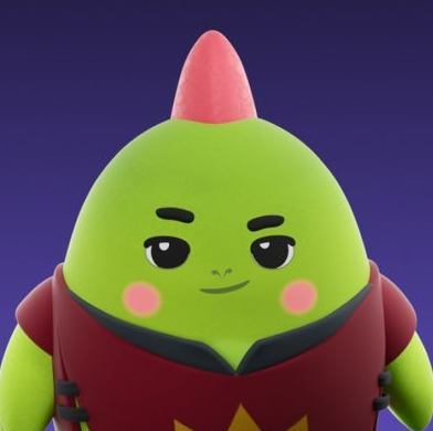 A 3D cartoon character with a green pear-shaped head, pink cheeks, a red mohawk-like top, and a red shirt, set against a purple background.