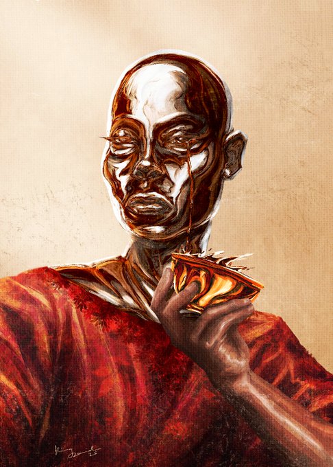A surreal painted portrait of a dark-skinned bald man in a red robe holding a cracked golden vessel, with golden liquid pouring over his face.