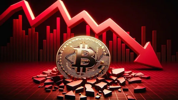 A 3D rendering of a golden Bitcoin coin surrounded by broken red pieces, with a red downward-pointing arrow and bar chart in the background indicating a market crash.