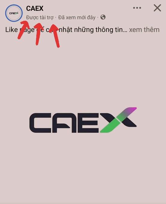 An Instagram post from 'CAEX' sponsored by 'Just Now', with red arrows pointing to the 'CAEX' profile name, the 'Sponsored' label, and the 'See translation' globe icon.