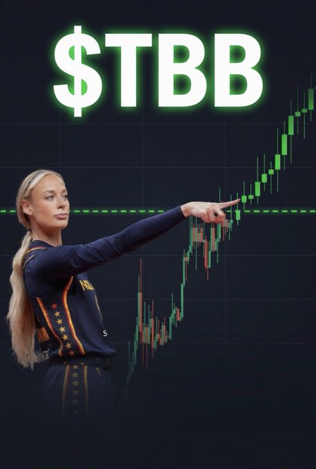 A woman in a navy shirt points confidently toward a rising green candlestick chart, with the glowing text "$TBB" displayed prominently above, visually reinforcing the post's theme of bullish momentum and community-driven Bitcoin enthusiasm.