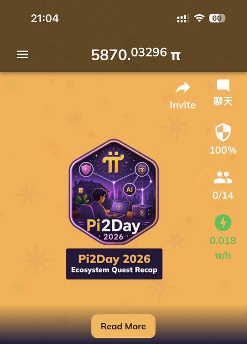 A mobile app screen showing a balance of '5870.03296 π' (Pi cryptocurrency) with a 'Pi2Day 2026 Ecosystem Quest Recap' badge featuring an illustration of a person at a computer with Pi symbols.