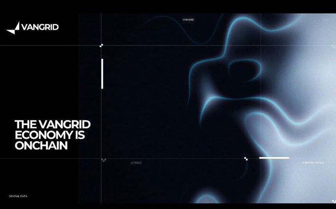 A dark, futuristic webpage design for "VANGRID" featuring the text "THE VANGRID ECONOMY IS ONCHAIN" and abstract glowing blue wave patterns.