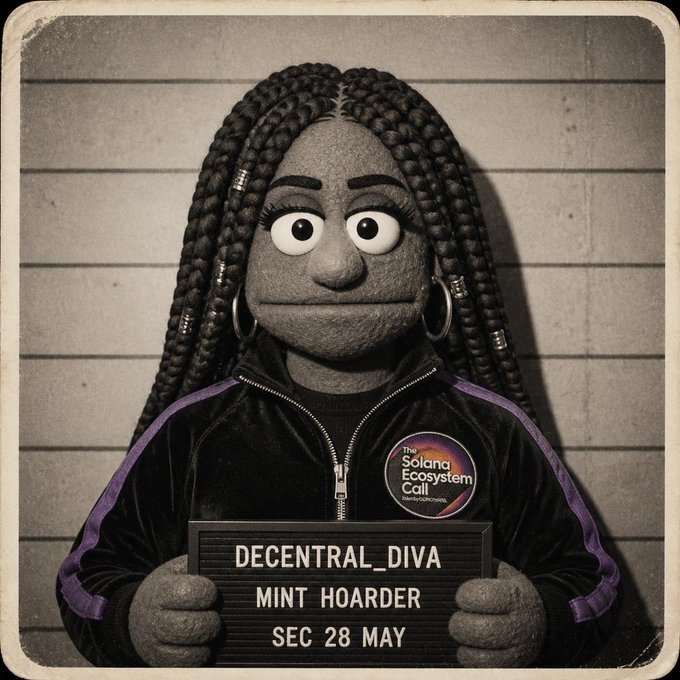 The image features a cartoon character, likely from the popular TV show "The Solana" or a similar series, holding up a sign that says "Central Diva Mint Hoarder Sec 28 May". The character appears to be dressed in a black jacket with purple accents and has long braids.

The post is related to the "Solana" universe as it mentions an upcoming event on Saturday, which could be a special appearance or release of a new movie. The caption also includes the names of two people who might be involved in the show's production or promotion efforts for this event.