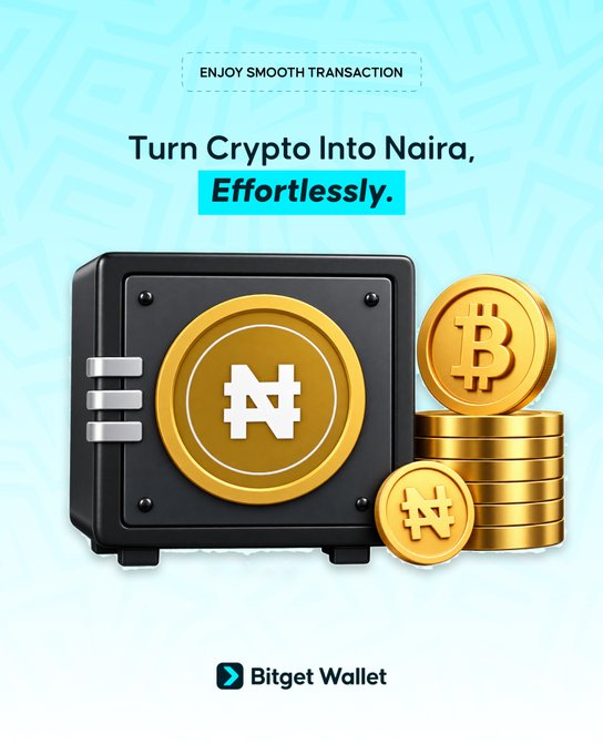 An advertisement for Bitget Wallet promoting crypto-to-Naira transactions with a safe and Bitcoin/Naira coins, captioned 'ENJOY SMOOTH TRANSACTION' and 'Turn Crypto Into Naira, Effortlessly.'