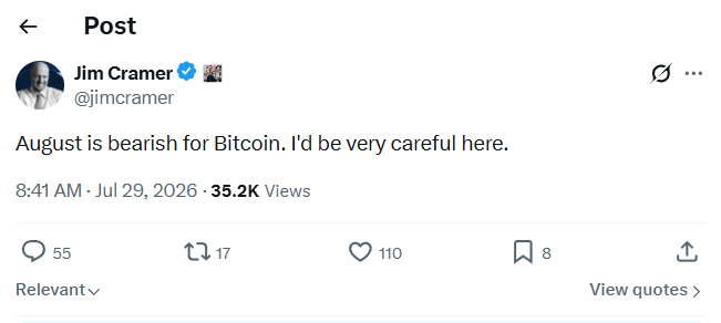 A tweet from Jim Cramer (@jimcramer) stating 'August is bearish for Bitcoin. I'd be very careful here.' dated July 29, 2026.