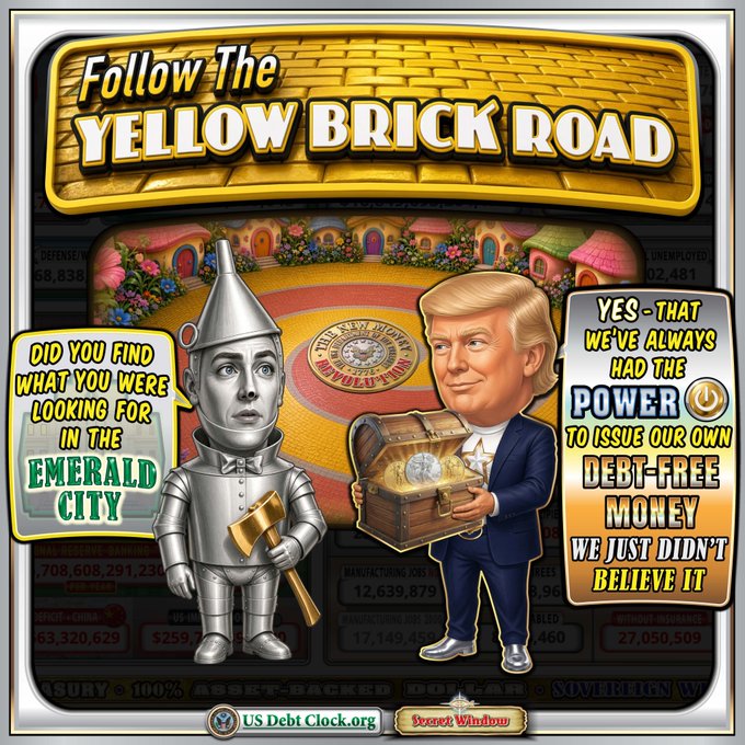 The image is a parody titled "Follow The Yellow Brick Road" featuring the Tin Man asking if you found what you were looking for in "Emerald City," while a caricature of Donald Trump holds open a treasure chest of gold coins, with text declaring "YES – THAT WE'VE ALWAYS HAD THE POWER TO ISSUE OUR OWN DEBT-FREE MONEY WE JUST DIDN'T BELIEVE IT." At the bottom, it references USDebtClock.org with a "Secret Window," reinforcing the post's irony by suggesting absurd, satirical truths about money and debt are being hidden in plain sight.