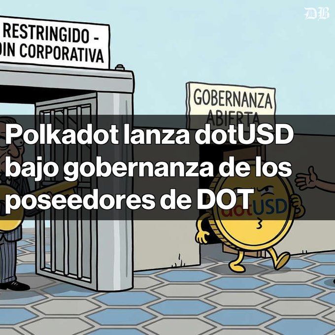 A cartoon illustration depicts a gold coin labeled "dotUSD" walking toward a door labeled "GOBERNANZA ABIERTA," while another figure stands behind bars near a sign reading "RESTRINGIDO - GOBERNANZA CORPORATIVA." Overlay text in Spanish reads: "Polkadot lanza dotUSD bajo gobernanza de los poseedores de DOT."