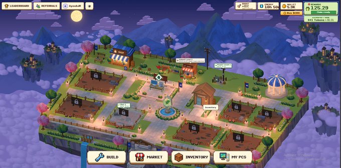 A screenshot of the pixel art farming/business simulation game 'Smart Factory' showing an isometric view of a factory complex with build, market, inventory, and PC buttons at the bottom.