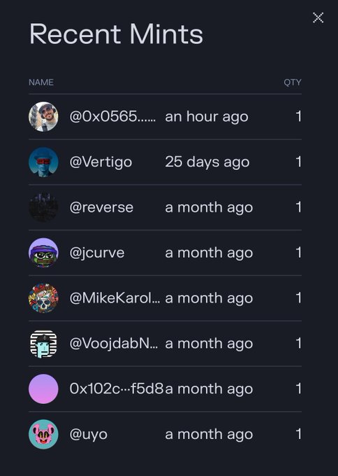 A 'Recent Mints' screen showing a list of usernames (including @Vertigo, @reverse, @jcurve, @MikeKarol..., @VoojdabN..., and @uyo) along with their avatar images and mint times ranging from an hour ago to a month ago.