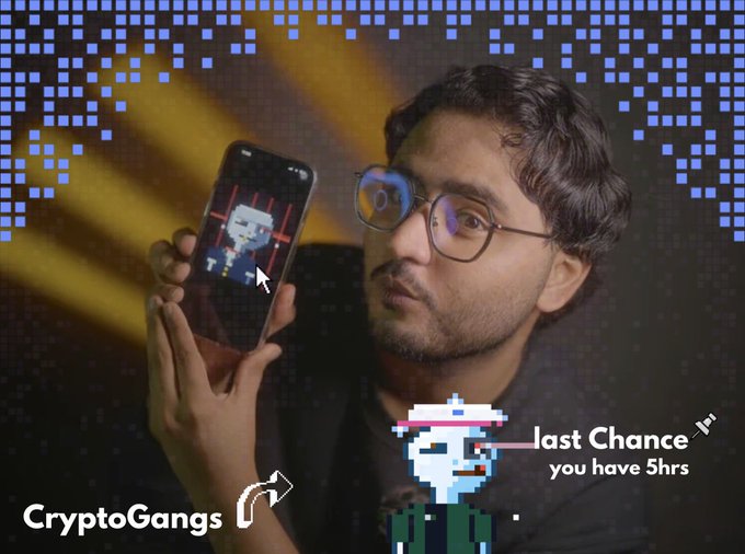A man with glasses examines a smartphone displaying a pixelated character NFT, set against a blue pixelated backdrop with text reading "CryptoGangs," "last Chance you have 5hrs," and a pixel cowboy graphic. The image directly ties to the post by serving as a promotional visual for the CryptoGangs NFT mint, emphasizing the limited 5-hour window to secure one of 500 guaranteed spots by visiting cryptogangs.xyz.