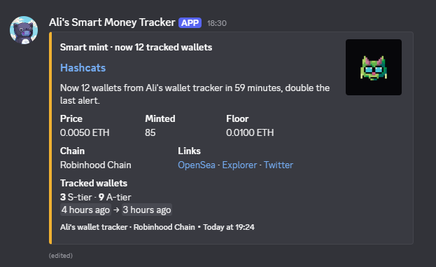A Discord message from 'Ali's Smart Money Tracker' alerting about a 'Hashcats' smart mint with 12 tracked wallets, priced at 0.0050 ETH on Robinhood Chain.