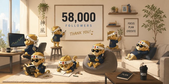 An illustration of cartoon monkeys in ninja-style outfits celebrating '58,000 FOLLOWERS THANK YOU!' with various 'FOCUS PLAN EXECUTE' and 'HODL' decor in a room.