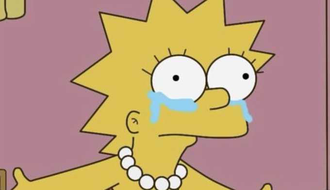 Lisa Simpson from The Simpsons is shown crying with tears streaming down her face, her wide eyes conveying distress. The image humorously pairs with the post's complaint about being blamed by a market maker, with Lisa's emotional reaction symbolizing the frustration of being unfairly scapegoated.