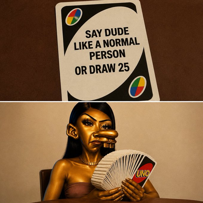 A meme showing an UNO card reading "SAY DUDE LIKE A NORMAL PERSON OR DRAW 25" above a golden-skinned woman holding a large fan of UNO cards, humorously illustrating the post's joke about the ticker $ZUDE forcing holders to draw 25 cards whenever the word "dude" is overpronounced as "ZUUUUUUUUDEEEEEEEE."