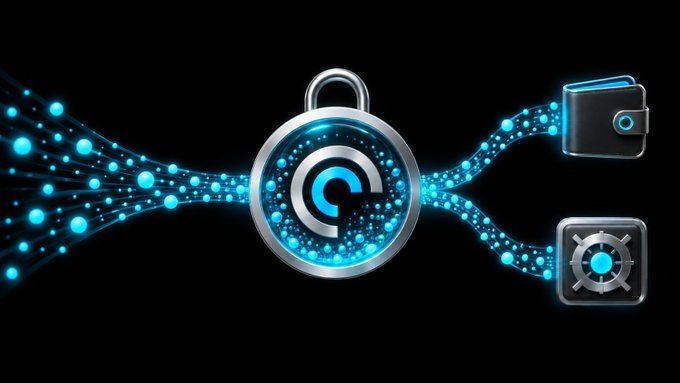 A digital graphic featuring a glowing blue padlock icon connected by particle streams to a wallet icon and a gear icon against a black background, symbolizing cryptocurrency security.