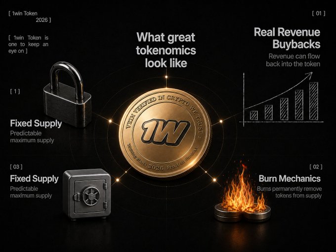 A promotional graphic for '1win Token 2026' titled 'What great tokenomics look like,' featuring a gold coin with the '1W' logo and highlighting four features: Fixed Supply (predictable maximum supply), Real Revenue Buybacks, Burn Mechanics (permanently removes tokens), and a safe/vault imagery.