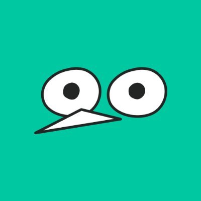 A simple cartoon illustration of two large eyes and a beak-like nose on a solid teal background.