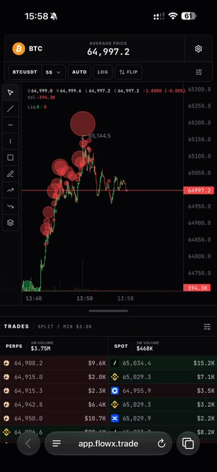 The image shows a BTC/USDT trading chart on FlowX with an average price of 64,997.2, displaying a recent price spike to 65,144.5 marked by large red liquidity bubbles. The screenshot supports the post's claim about 65.2k liquidity being taken, as the chart visually shows that level being swept before potentially pushing higher toward 67k or reversing.