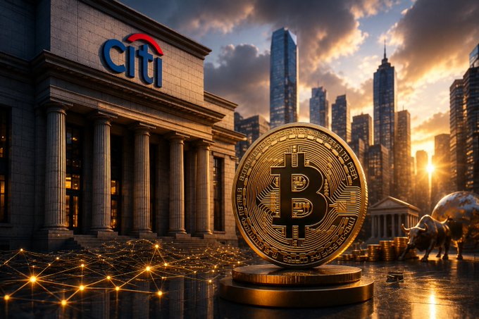 Composite image featuring a golden Bitcoin coin in front of a 'citi' (Citibank) building and bull statue against a city skyline at sunset.