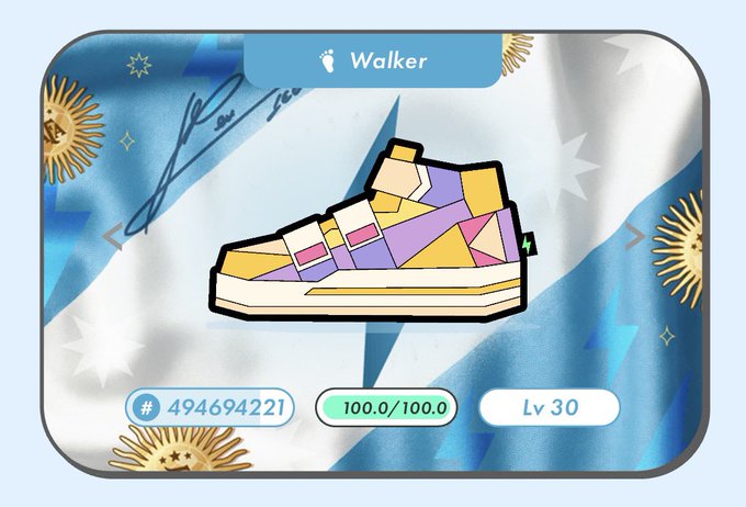 Screenshot showing a 'Walker' sneaker NFT at Level 30 with 100.0/100.0 energy, featuring a colorful low-top design with a flag background.