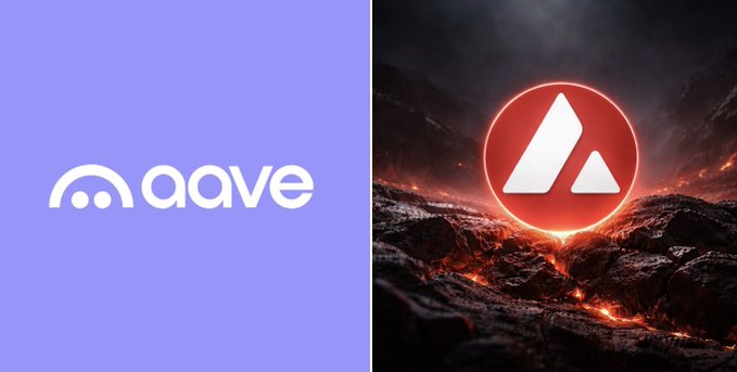 Side-by-side comparison showing the Aave logo on a purple background next to the Avalanche (AVAX) logo featuring a red triangle symbol on a dark, fiery landscape.