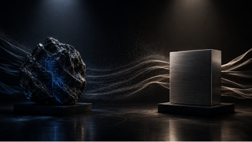 The image depicts a rugged, meteorite-like rock on the left, etched with glowing blue circuit patterns symbolizing Bitcoin, facing off against a sleek metallic cube on the right representing BlackRock, with wisps of dust and light swirling between them to illustrate the shared liquidity currents connecting both assets.