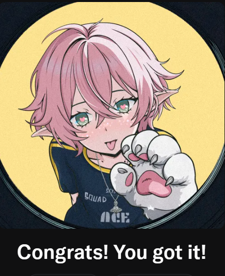 An animated graphic shows an anime-style character with pink hair and pointed ears holding a white plush toy, with a congratulatory banner below reading 'Congrats! You got it!'.