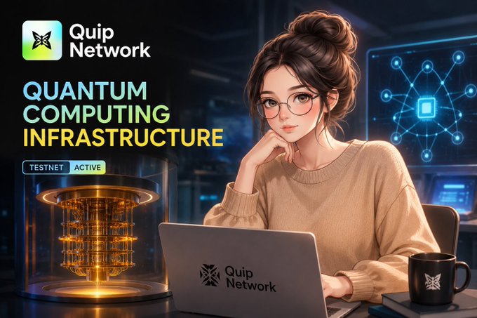 A promotional graphic for 'Quip Network' advertises 'QUANTUM COMPUTING INFRASTRUCTURE' with 'TESTNET ACTIVE', showing an illustrated woman with glasses at a laptop beside a glowing quantum computer.