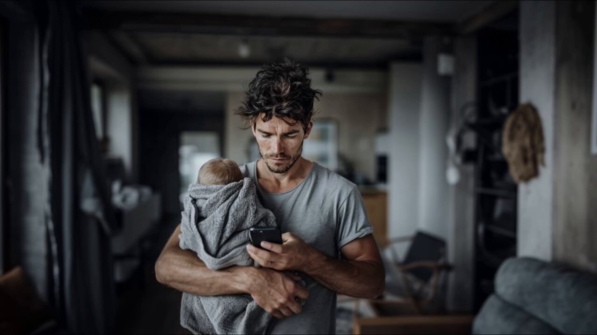 The image shows a man holding a baby wrapped in a towel, while he looks at his cell phone. The scene takes place in an indoor setting, possibly a living room or bedroom. There are also chairs visible in the background.