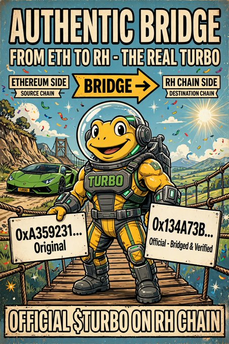 A promotional graphic for 'AUTHENTIC BRIDGE FROM ETH TO RH - THE REAL TURBO' showing a turtle character in a spacesuit holding signs for '0xA359231... Original' and '0x134A73B... Official - Bridged & Verified'.