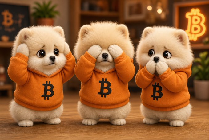 Three animated, fluffy white bear cubs wearing orange Bitcoin hoodies covering their eyes and mouths, standing in front of Bitcoin signs.