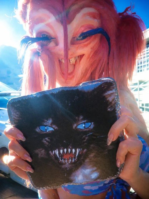 A person in cosplay with pink hair, elaborate pink and blue makeup, and fangs holds up a black pillow printed with a menacing cat face with bared teeth.