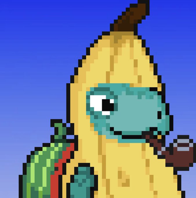 A pixel art illustration of a banana character wearing sunglasses and holding items.