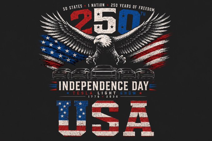 A patriotic t-shirt design for the 'Independence Day Tesla Light Show' featuring a bald eagle, an American flag motif, and '250TH' and 'USA' text, celebrating 1776-2026.
