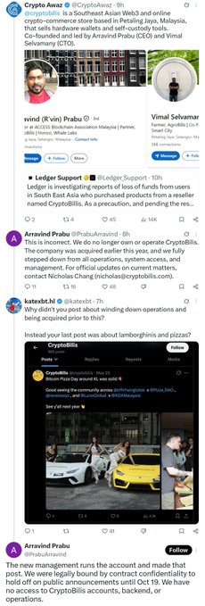 A series of posts from crypto industry figures including Crypto Avaz, Vind (Prabu), Vimal Selvamar, and Arnavind Prabu, discussing the operational status, winding down, and financial investigation of Cryptoblitx accounts, with references to 'PRABS Cryptoblits' and 'Malaysian lamborghini'.