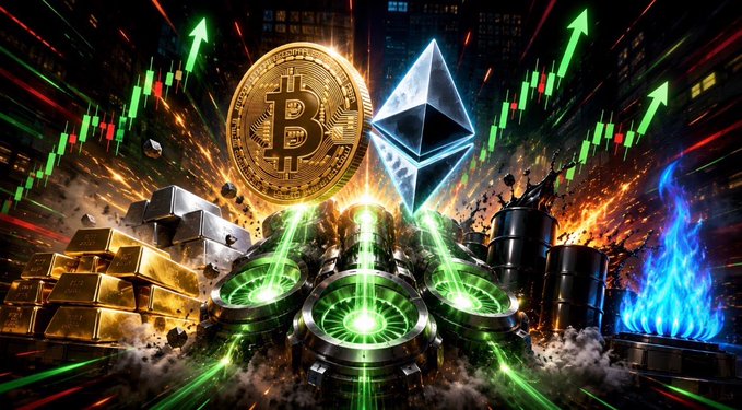 A vibrant crypto-themed graphic displaying a Bitcoin coin and Ethereum diamond logo above glowing green turbine engines, surrounded by gold bars, oil barrels, green price arrows, and blue flames.