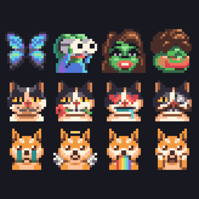 A grid of pixel art emotes featuring butterflies, skulls, and various cat and dog faces with different expressions and accessories.